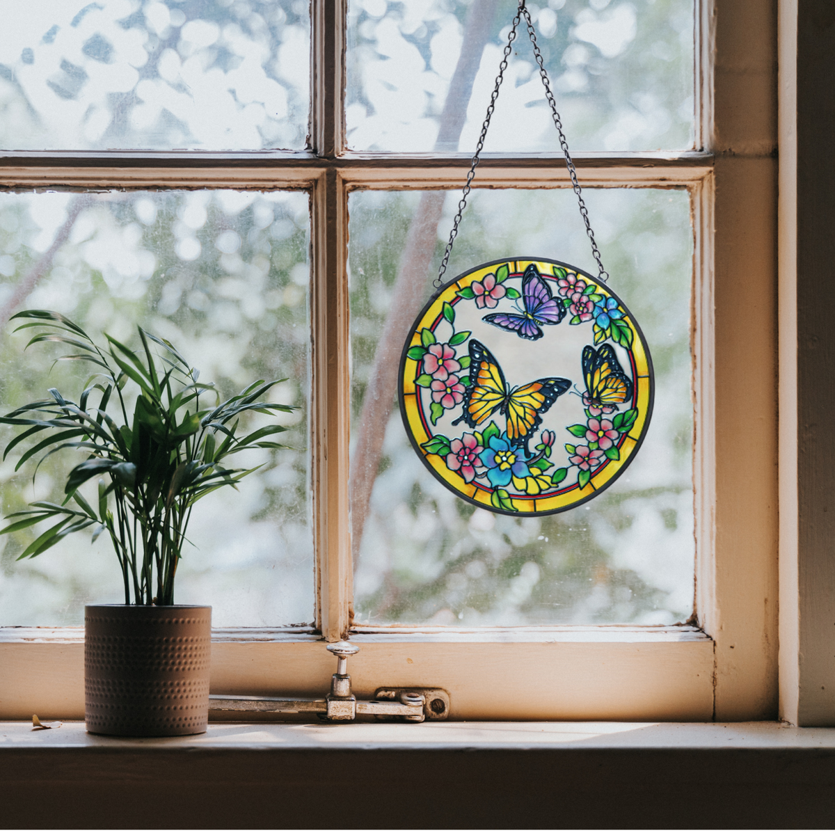 Round Painted Glass Butterfly Suncatcher