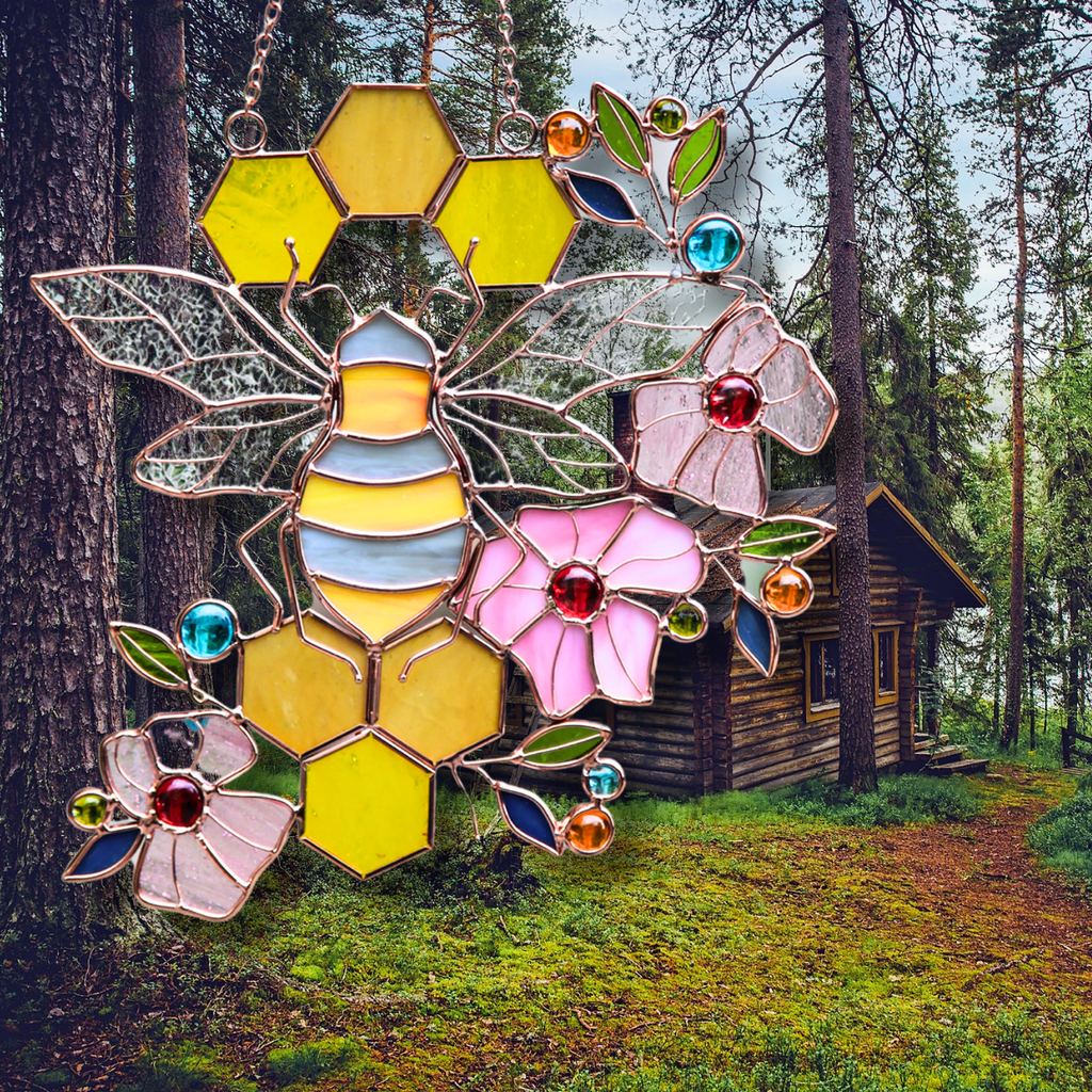 Honeycomb Bee Stained Glass Suncatcher