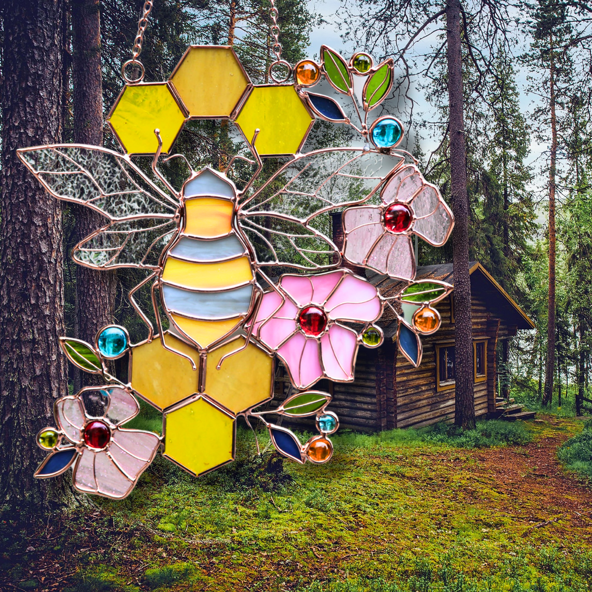 Honeycomb Bee Stained Glass Suncatcher