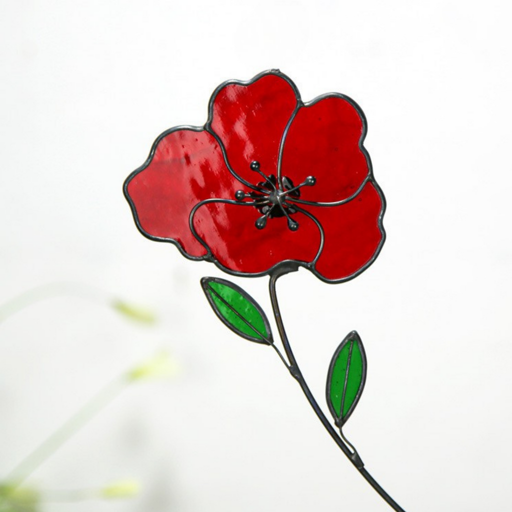 Stained Glass Red Poppy Garden Stake