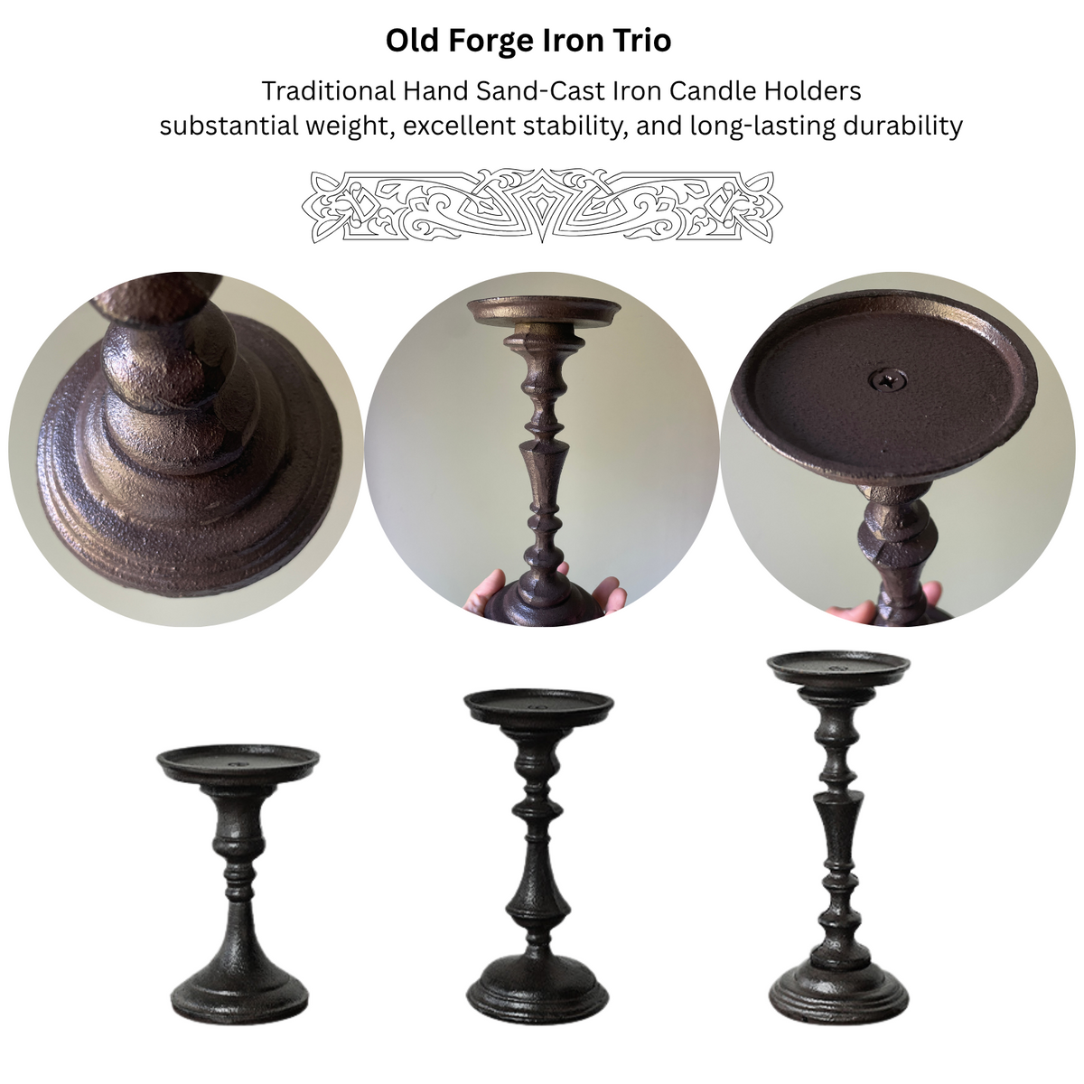 Medieval Cast Iron Candlestick Trio