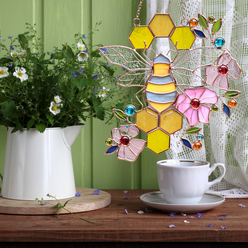 Honeycomb Bee Stained Glass Suncatcher