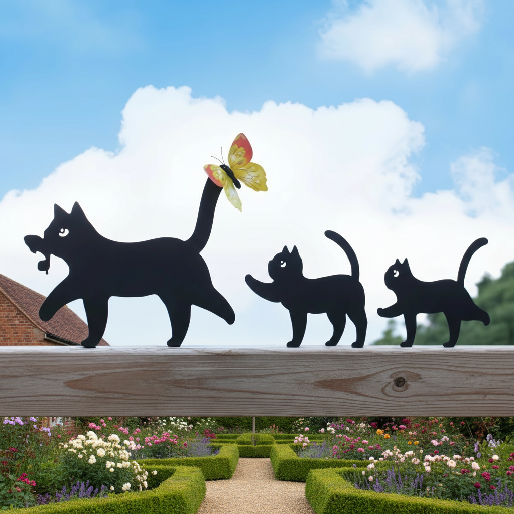 Cats Chasing Butterfly Metal Garden Silhouettes