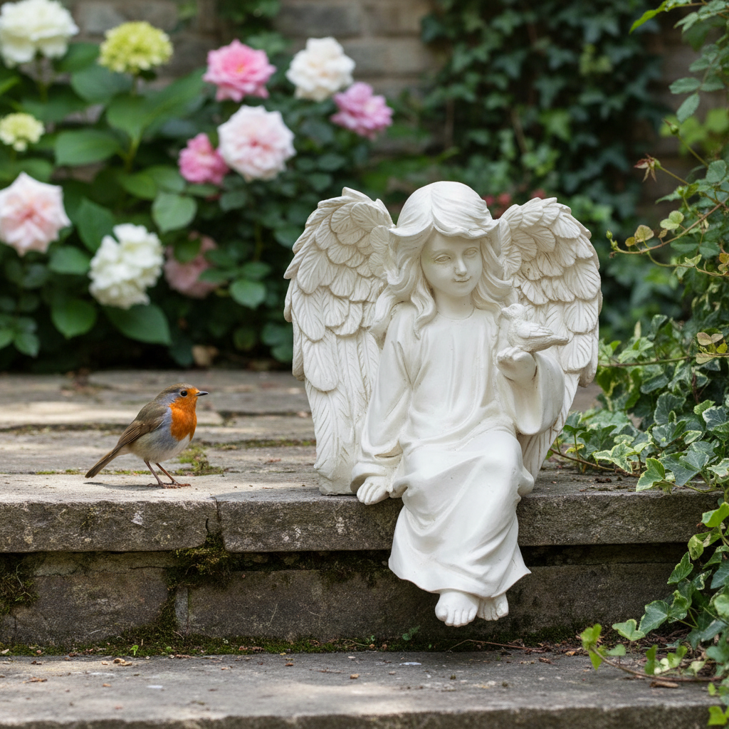 Sitting Angel with Bird Memorial Statue