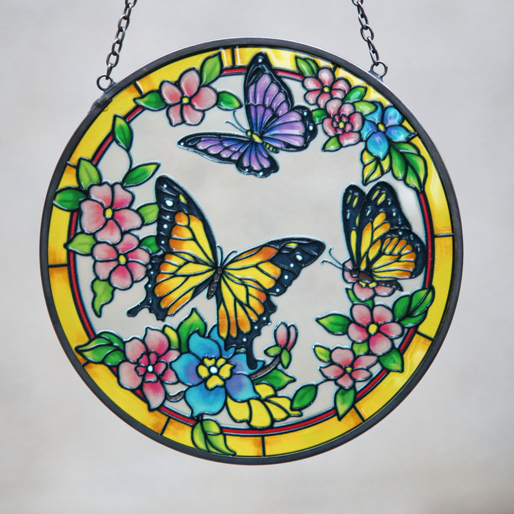Round Painted Glass Butterfly Suncatcher
