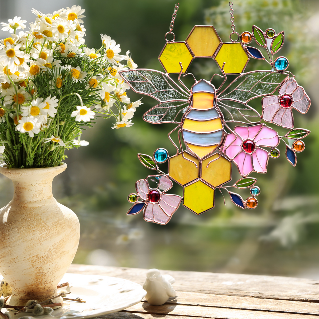 Honeycomb Bee Stained Glass Suncatcher