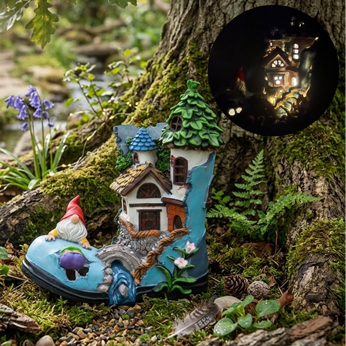 Solar LED Shoe House with Peeking Gnome