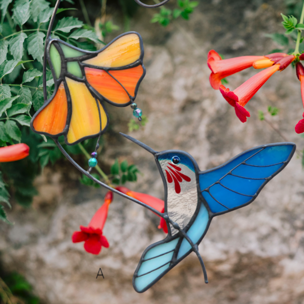 Hummingbird Trumpet Flower Stained Glass Suncatcher