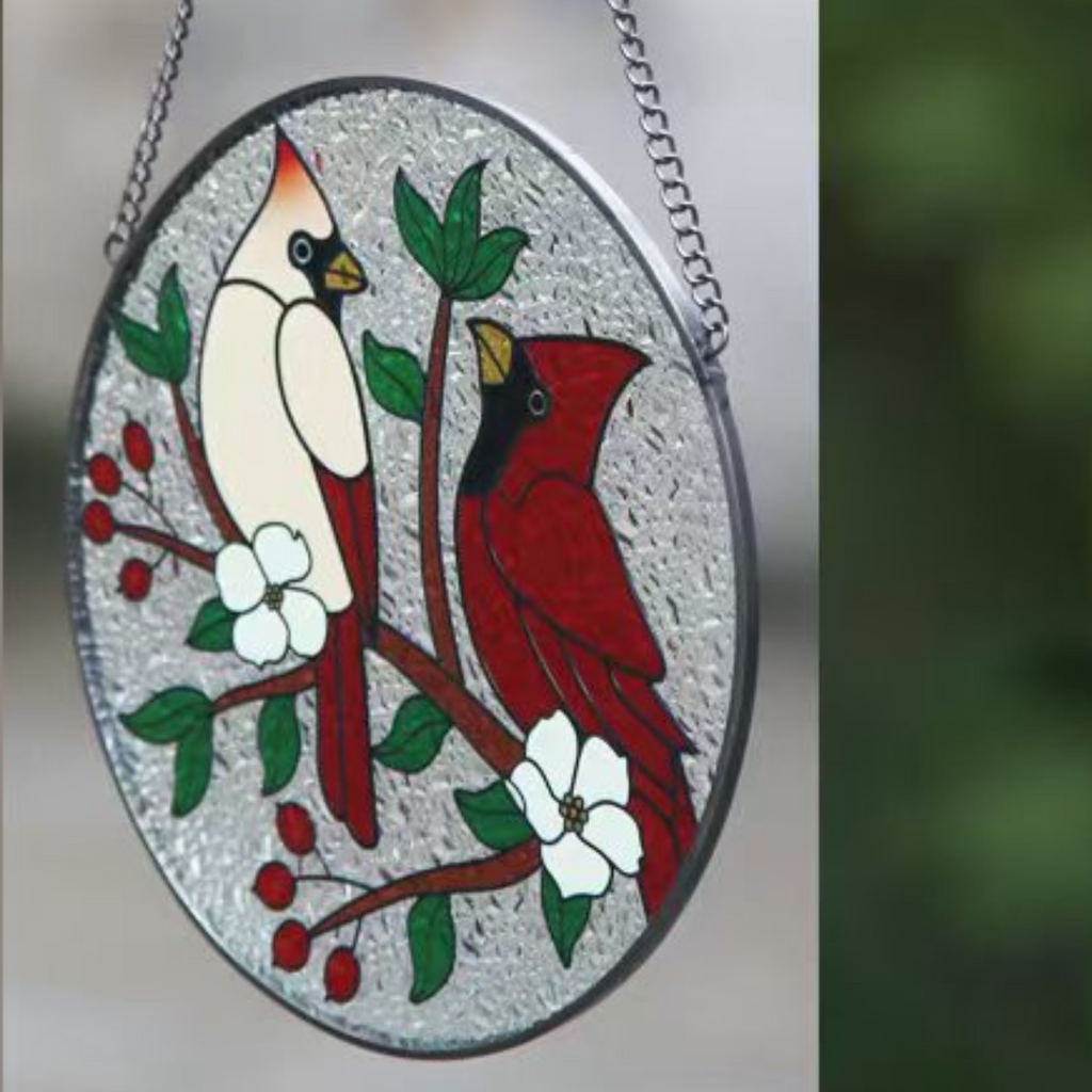 Round Hand-Painted Red Cardinals Suncatcher