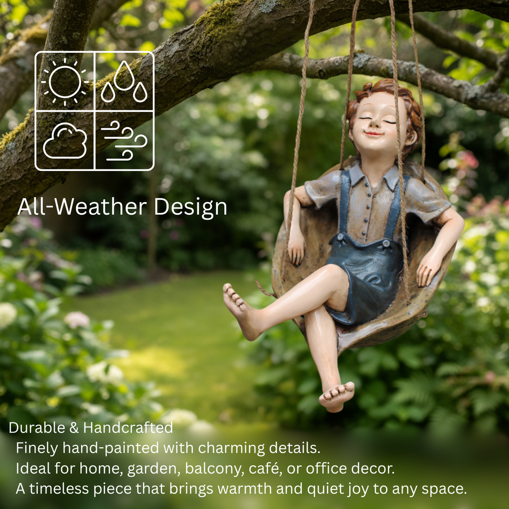 Hanging Boy on Swing Garden Ornament Figurine Rustic Home Decor Gift
