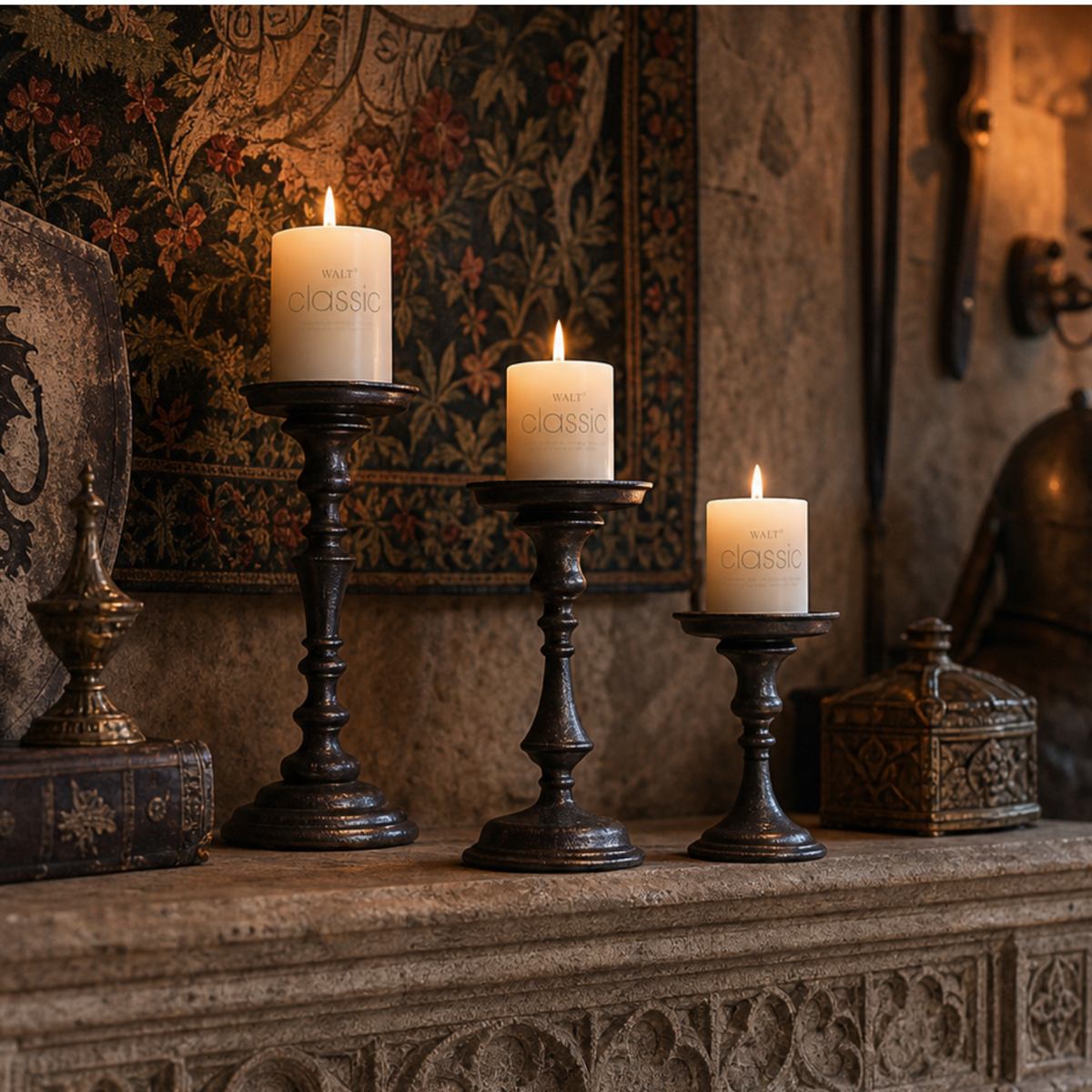Medieval Cast Iron Candlestick Trio