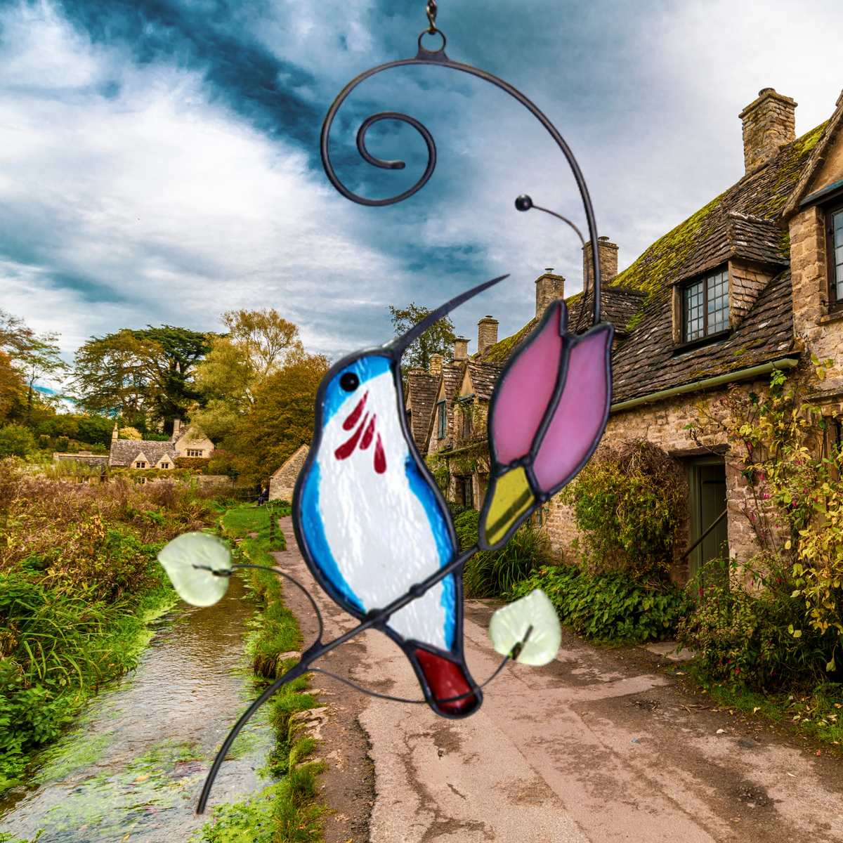 Hand-Painted Hummingbird Stained Glass Suncatcher