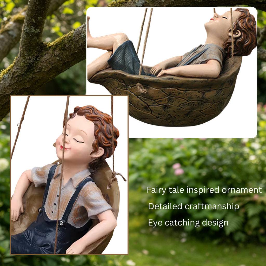 Hanging Boy on Swing Garden Ornament Figurine Rustic Home Decor Gift