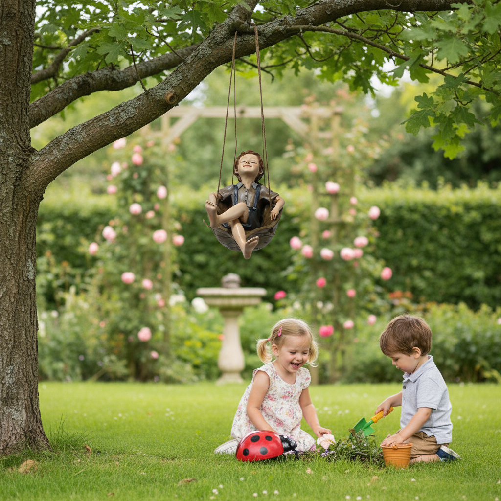 Hanging Boy on Swing Garden Ornament Figurine Rustic Home Decor Gift