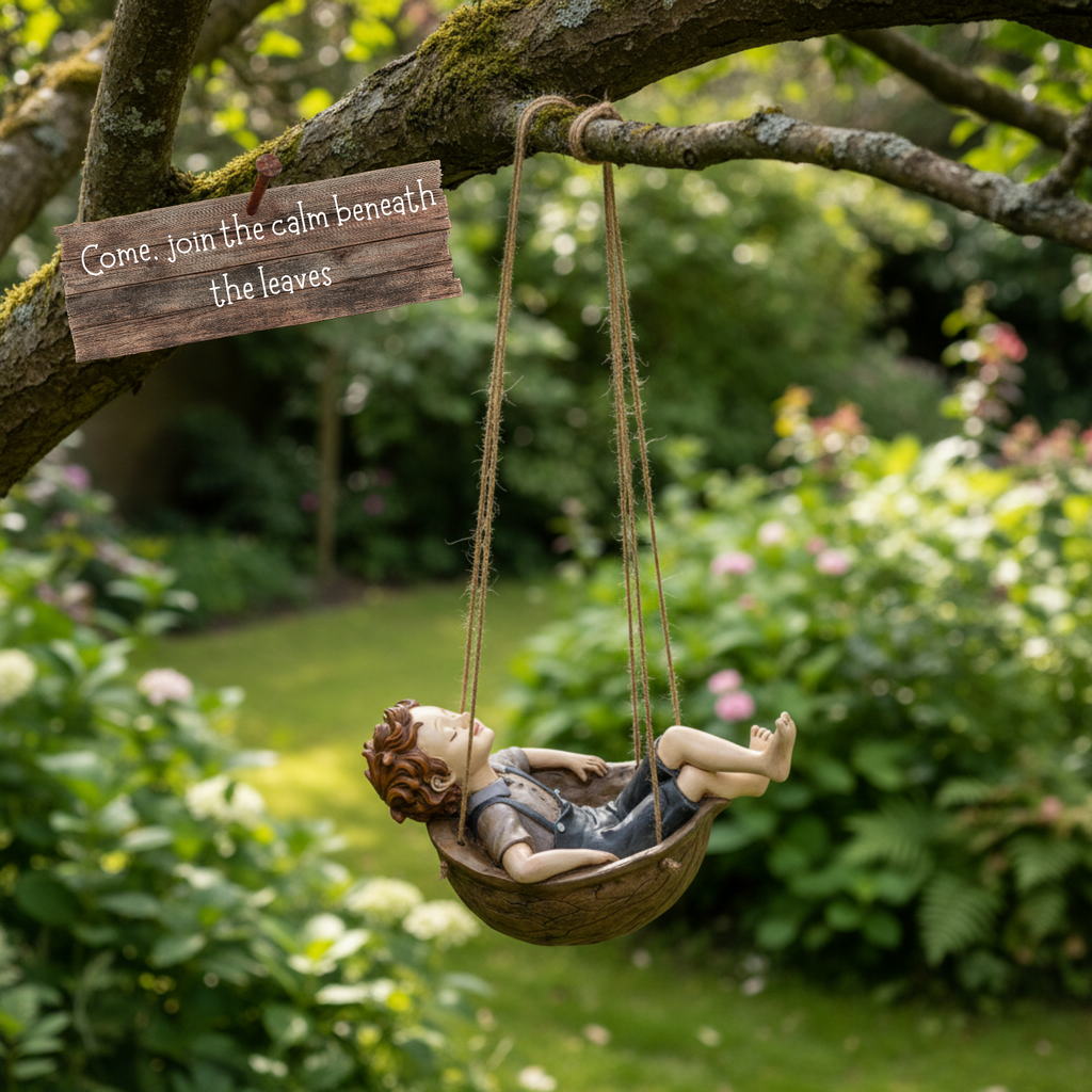 Hanging Boy on Swing Garden Ornament Figurine Rustic Home Decor Gift