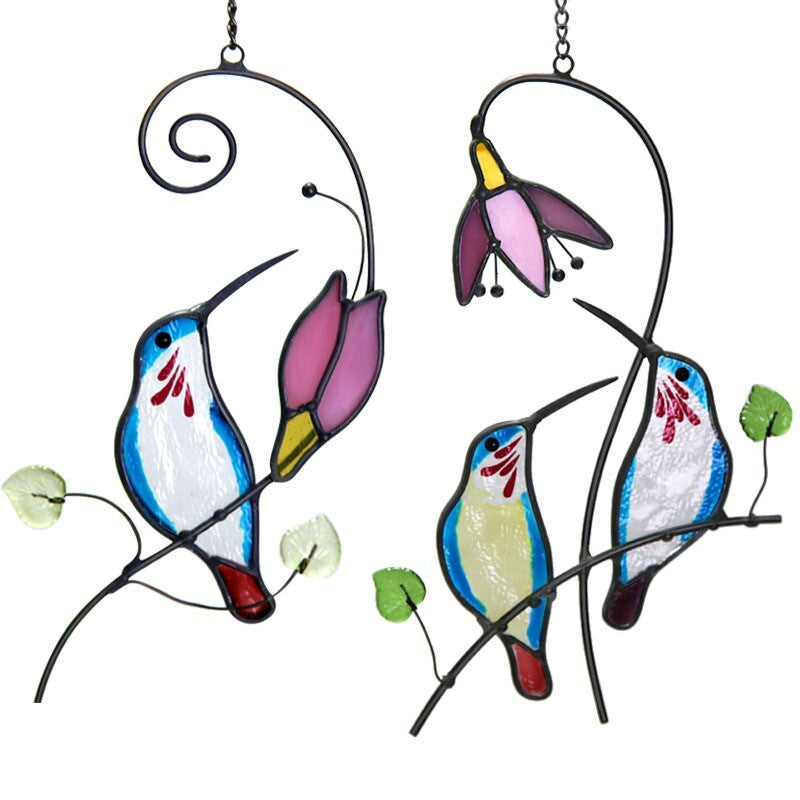 Hand-Painted Hummingbird Stained Glass Suncatcher
