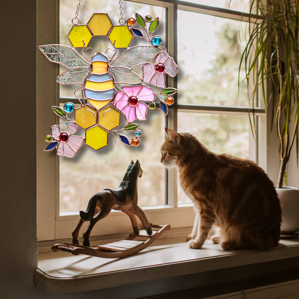 Honeycomb Bee Stained Glass Suncatcher