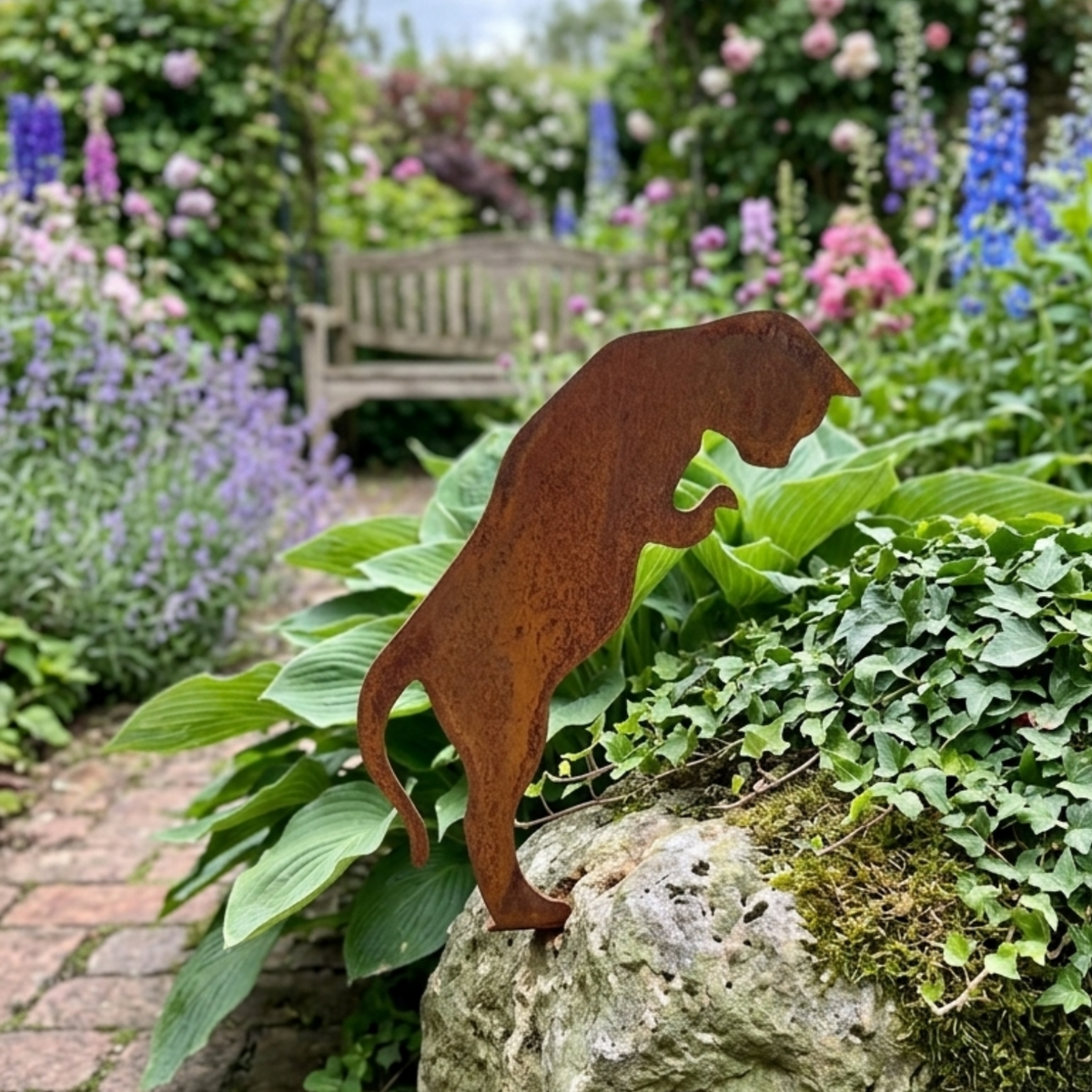 Rusty Metal Pouncing Cat Garden Ornament