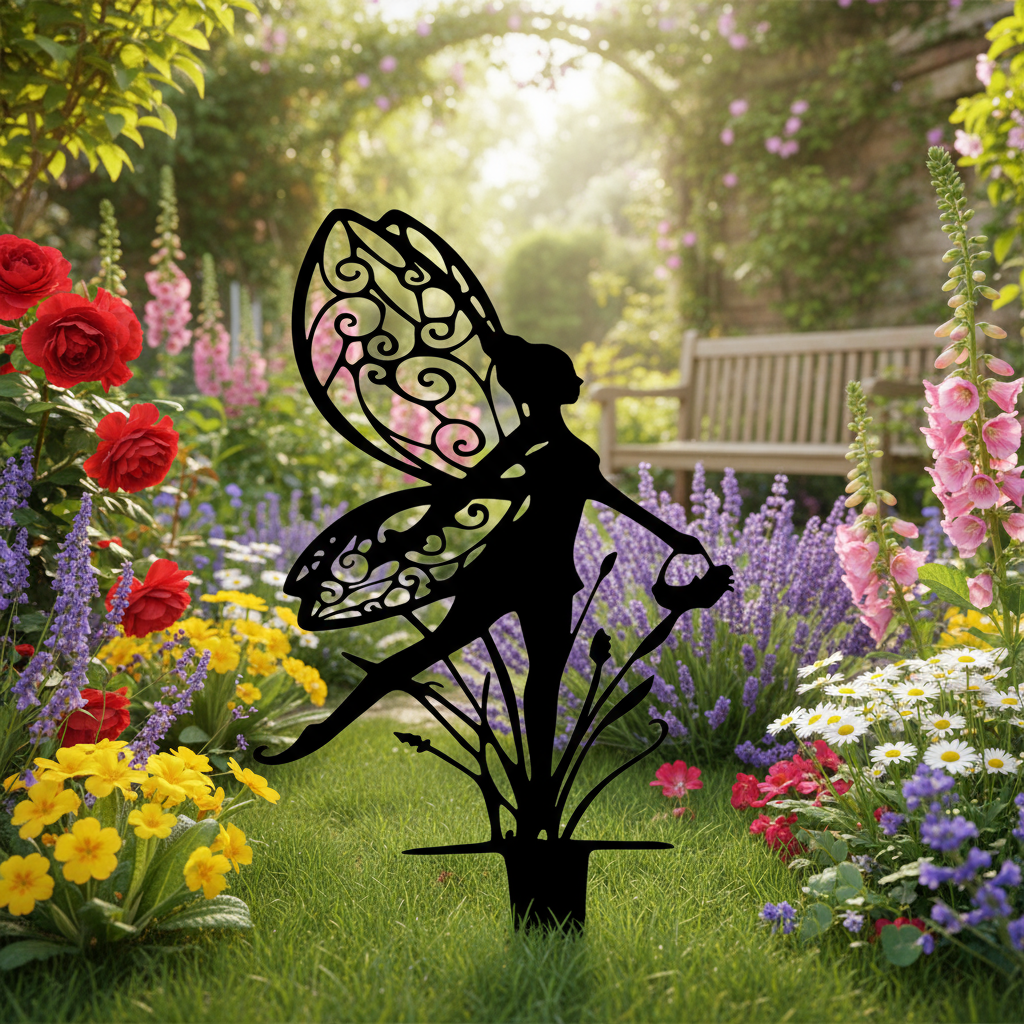 Fairy with Basket Silhouette Garden Stake