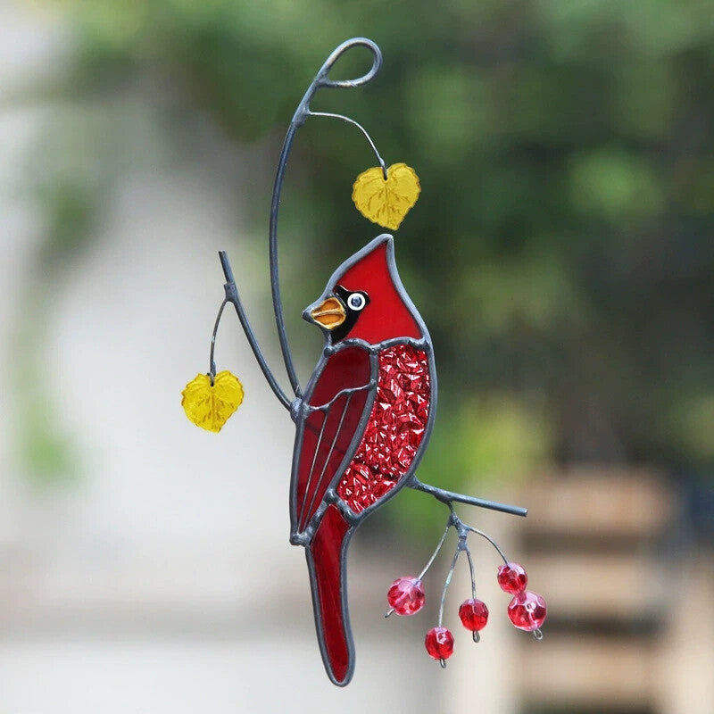 Red Cardinal with Berries Stained Glass Suncatcher