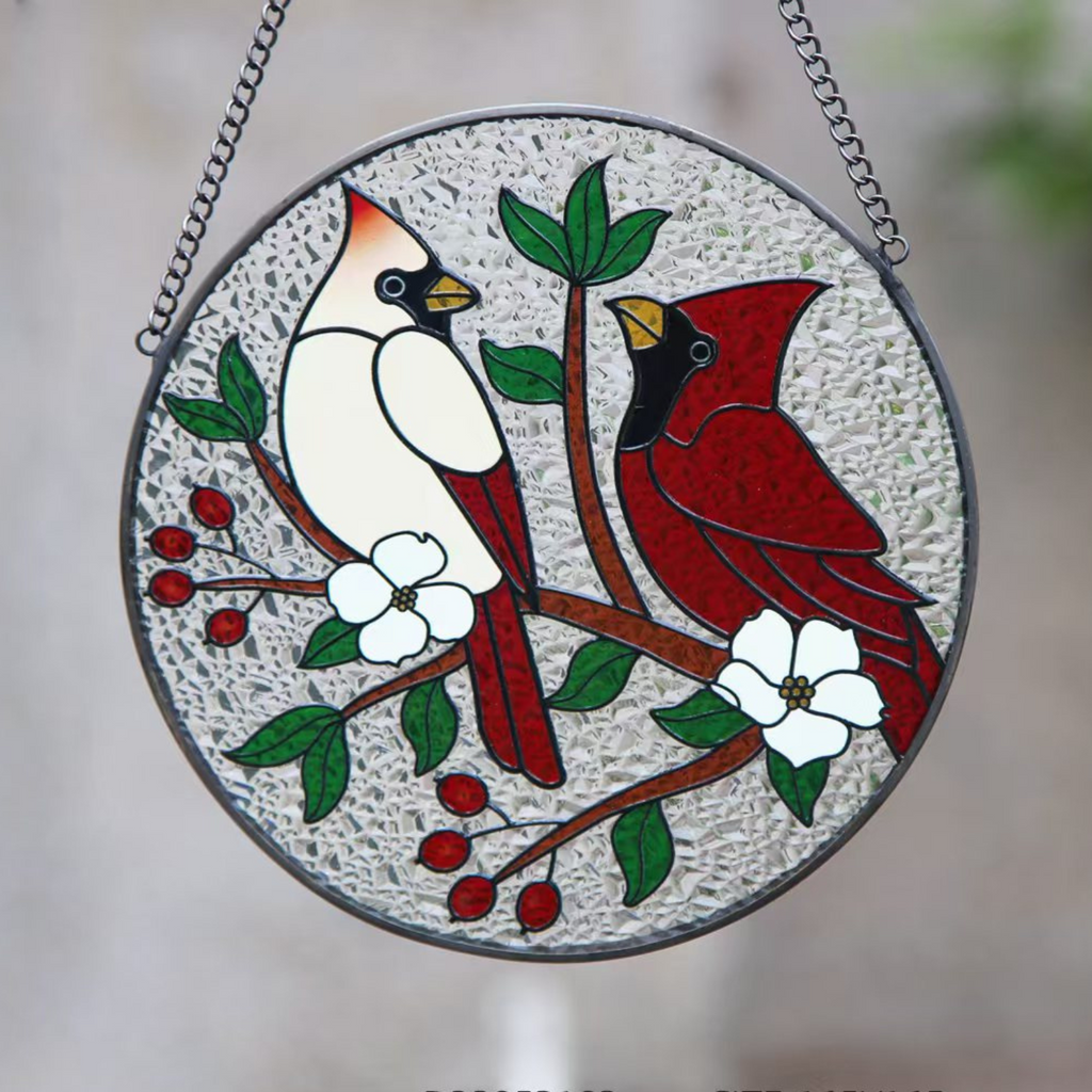 Round Hand-Painted Red Cardinals Suncatcher