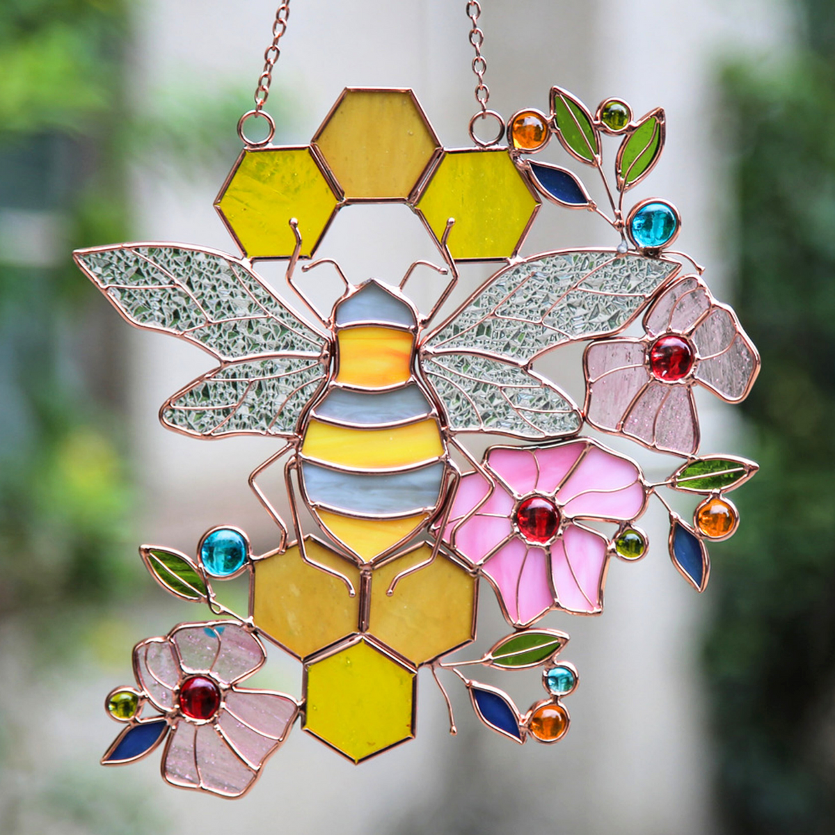 Honeycomb Bee Stained Glass Suncatcher