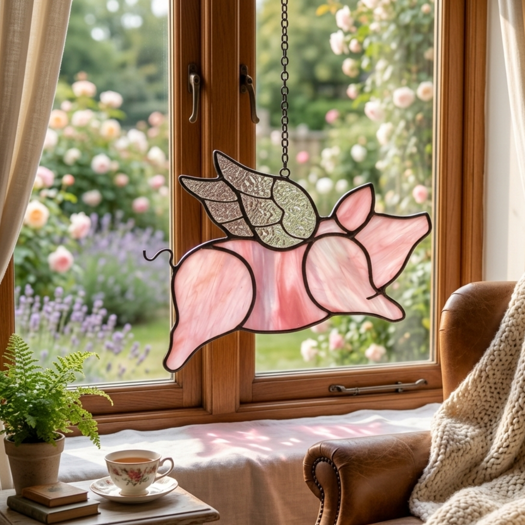 Pink Flying Pig Stained Glass Suncatcher