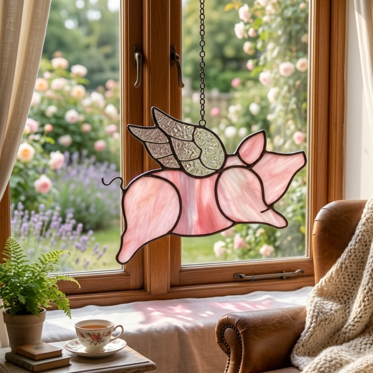 Pink Flying Pig Stained Glass Suncatcher