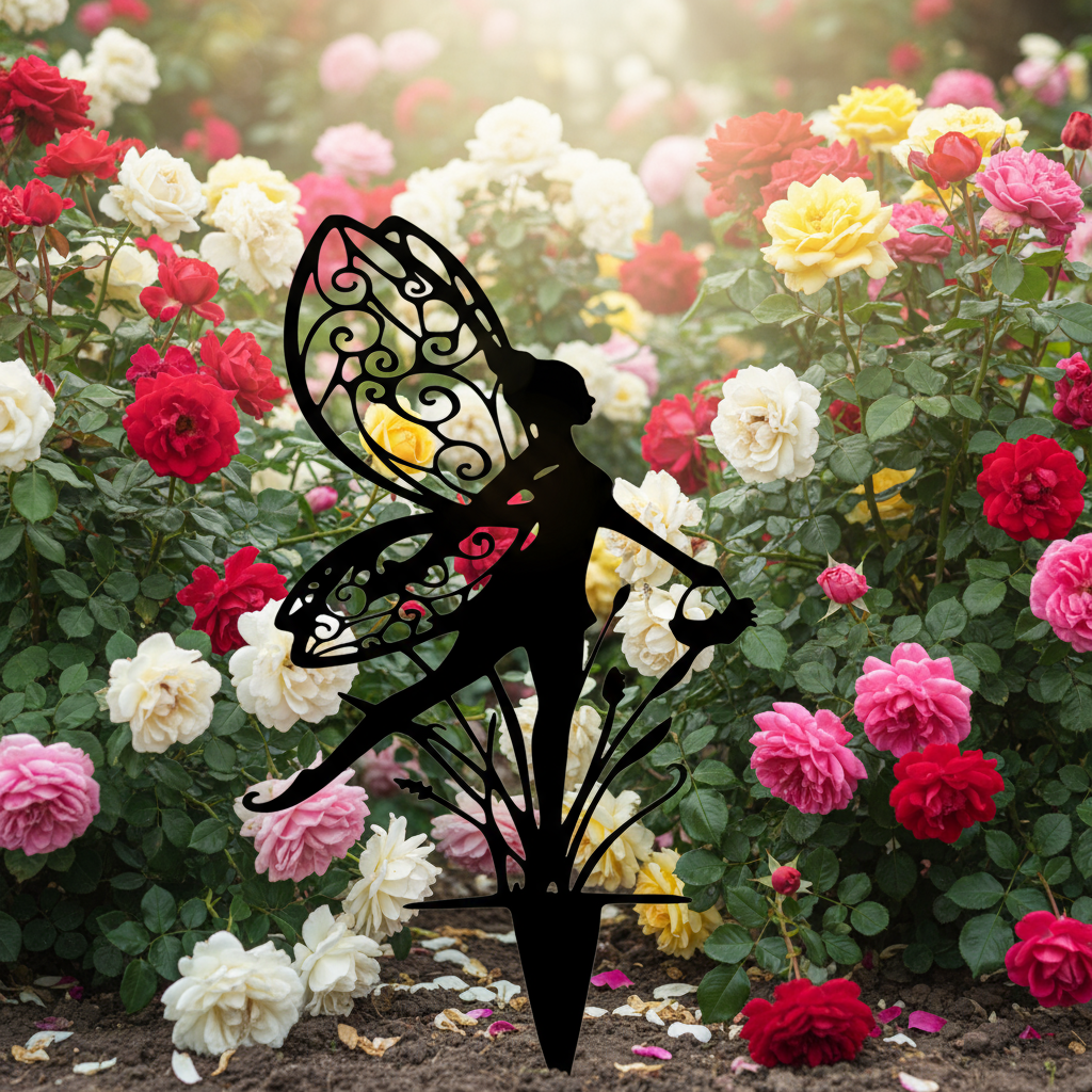 Fairy with Basket Silhouette Garden Stake