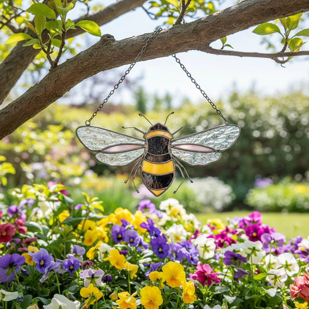 Stained Glass Bee Suncatcher - Black Frame