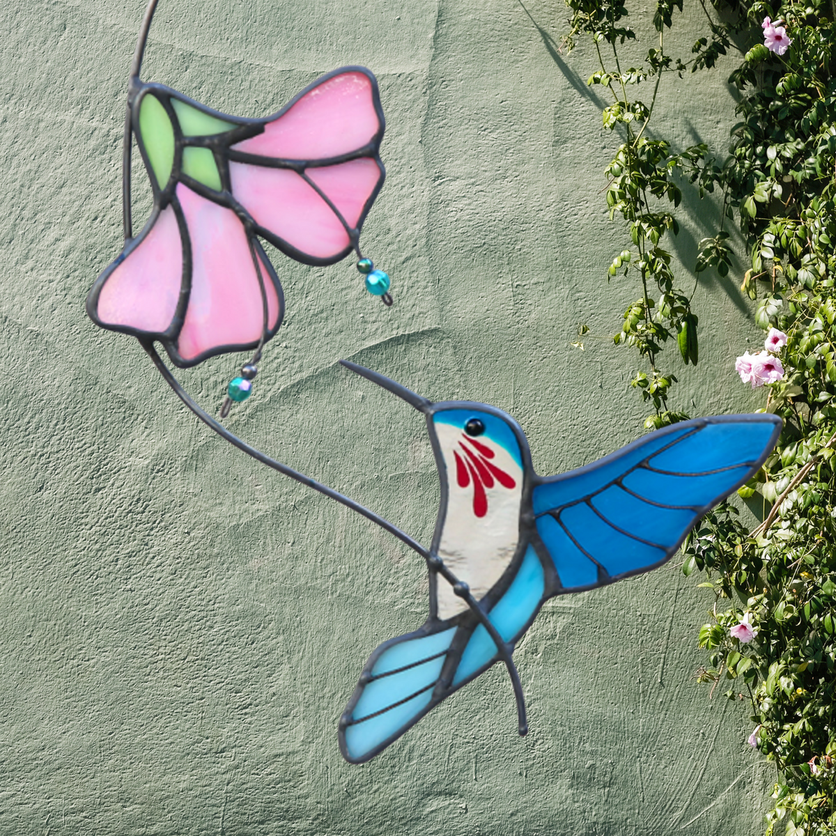 Hummingbird Trumpet Flower Stained Glass Suncatcher