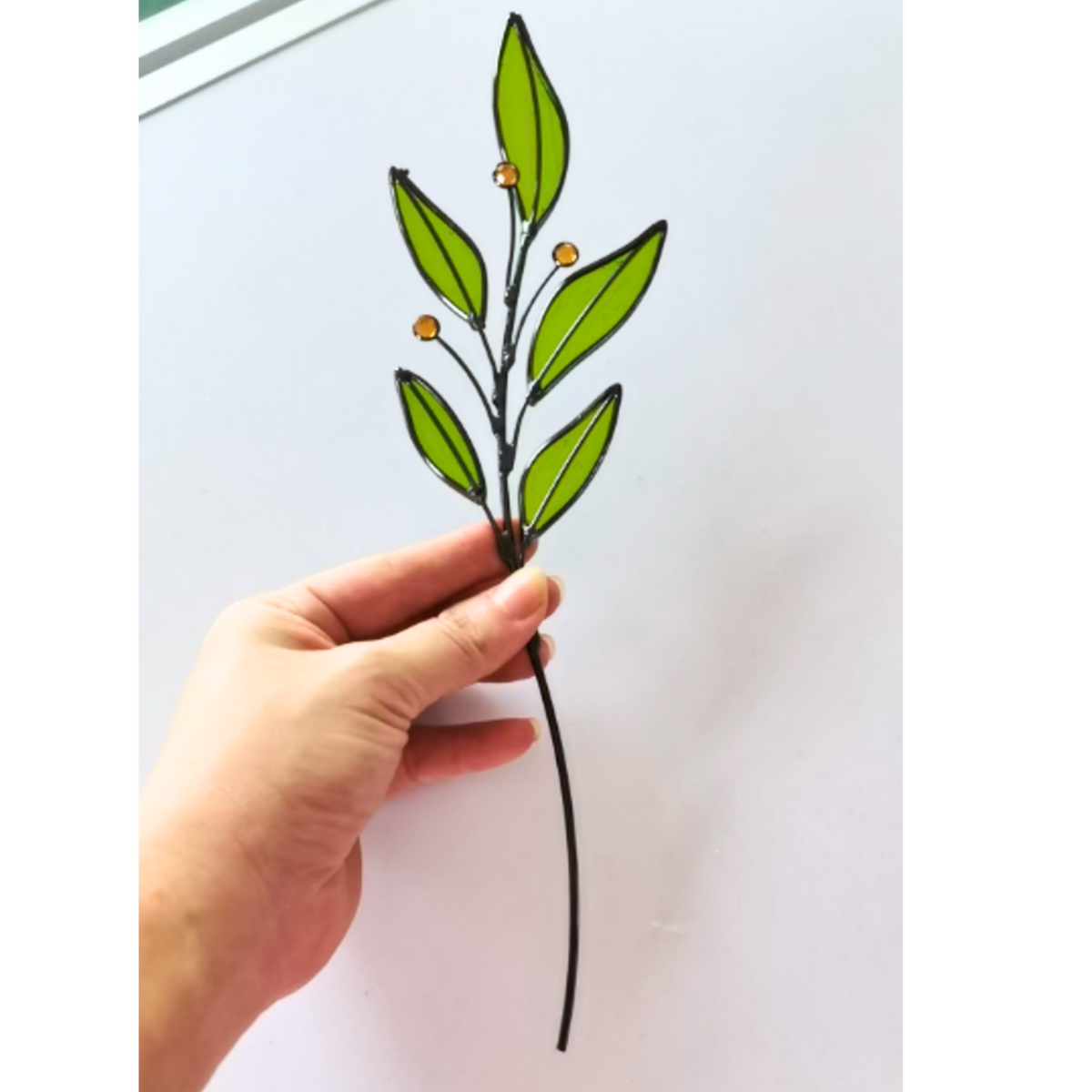 Stained Glass Green Leaf Branch Suncatcher