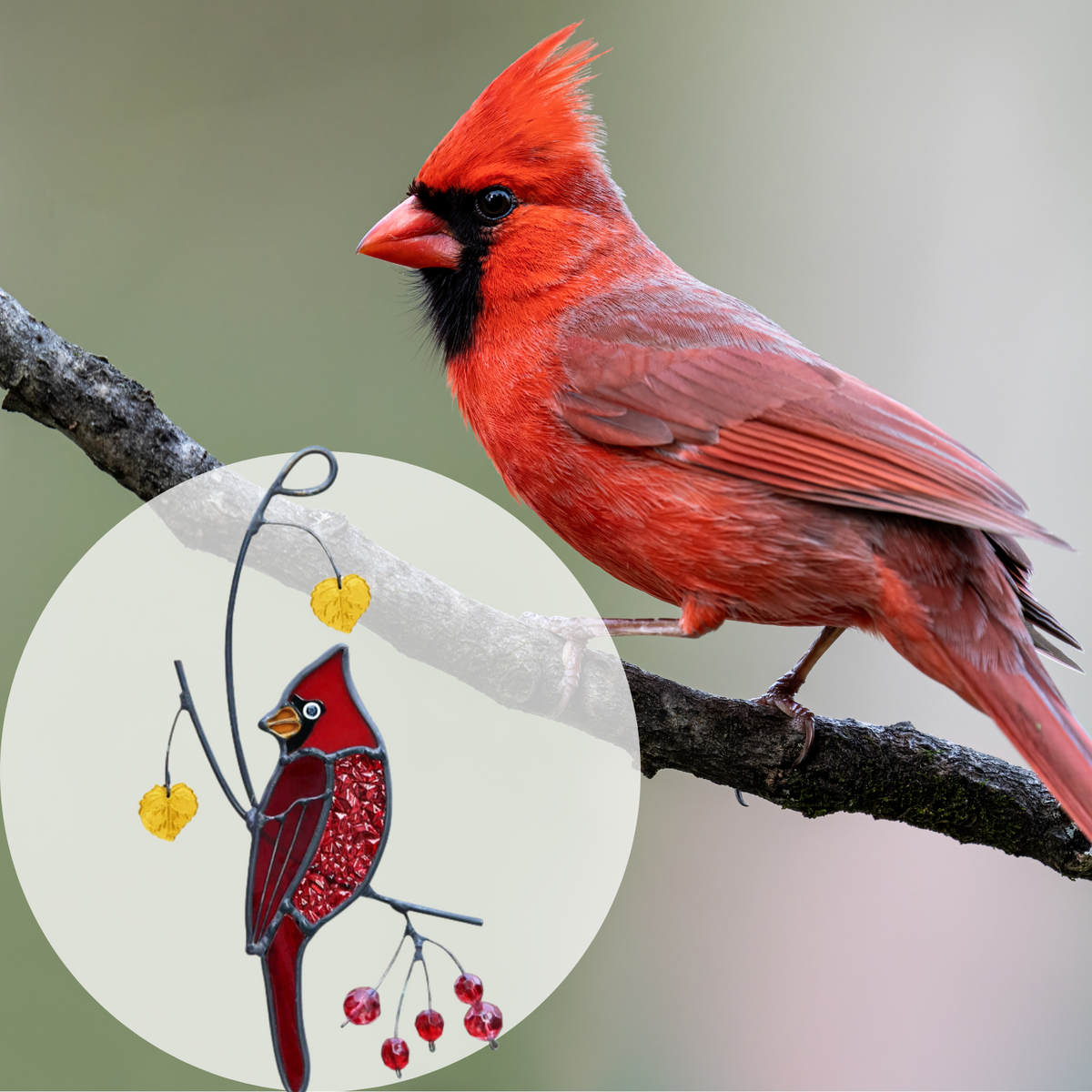 Red Cardinal with Berries Stained Glass Suncatcher