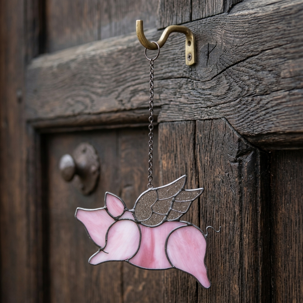 Pink Flying Pig Stained Glass Suncatcher