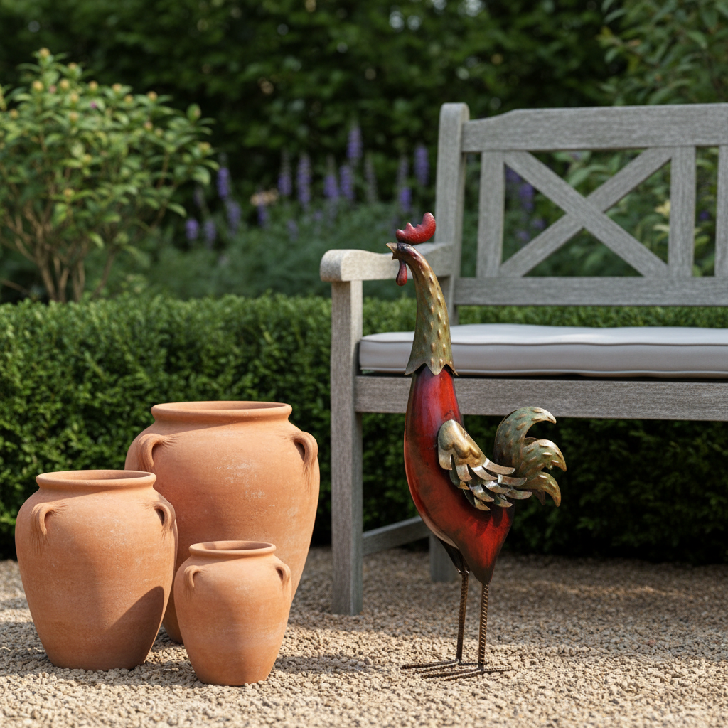 Red Metal Rooster Garden Ornament