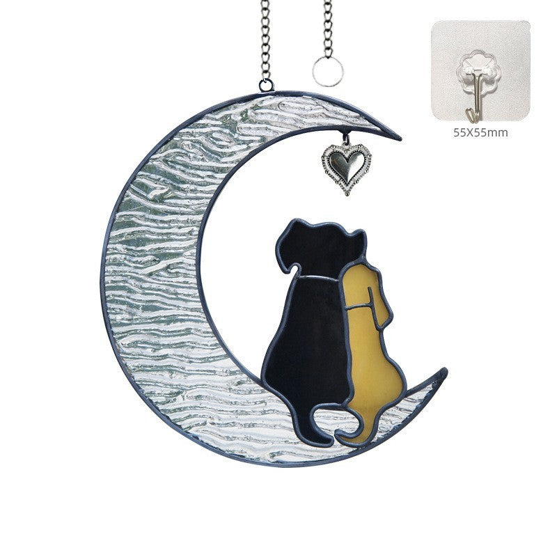 Crescent Moon Dogs Stained Glass Suncatcher