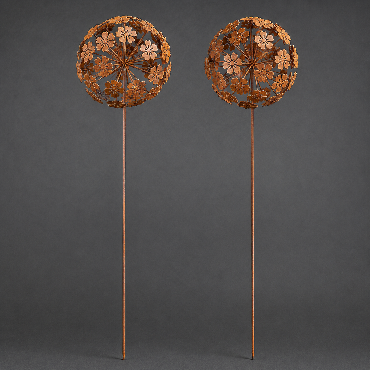 Weathered Metal 3D Flower Head Garden Stakes
