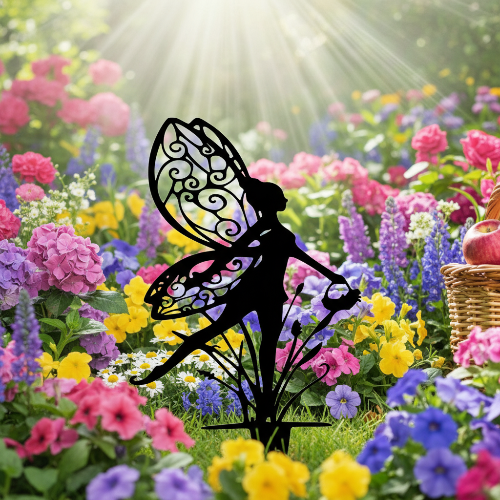 Fairy with Basket Silhouette Garden Stake