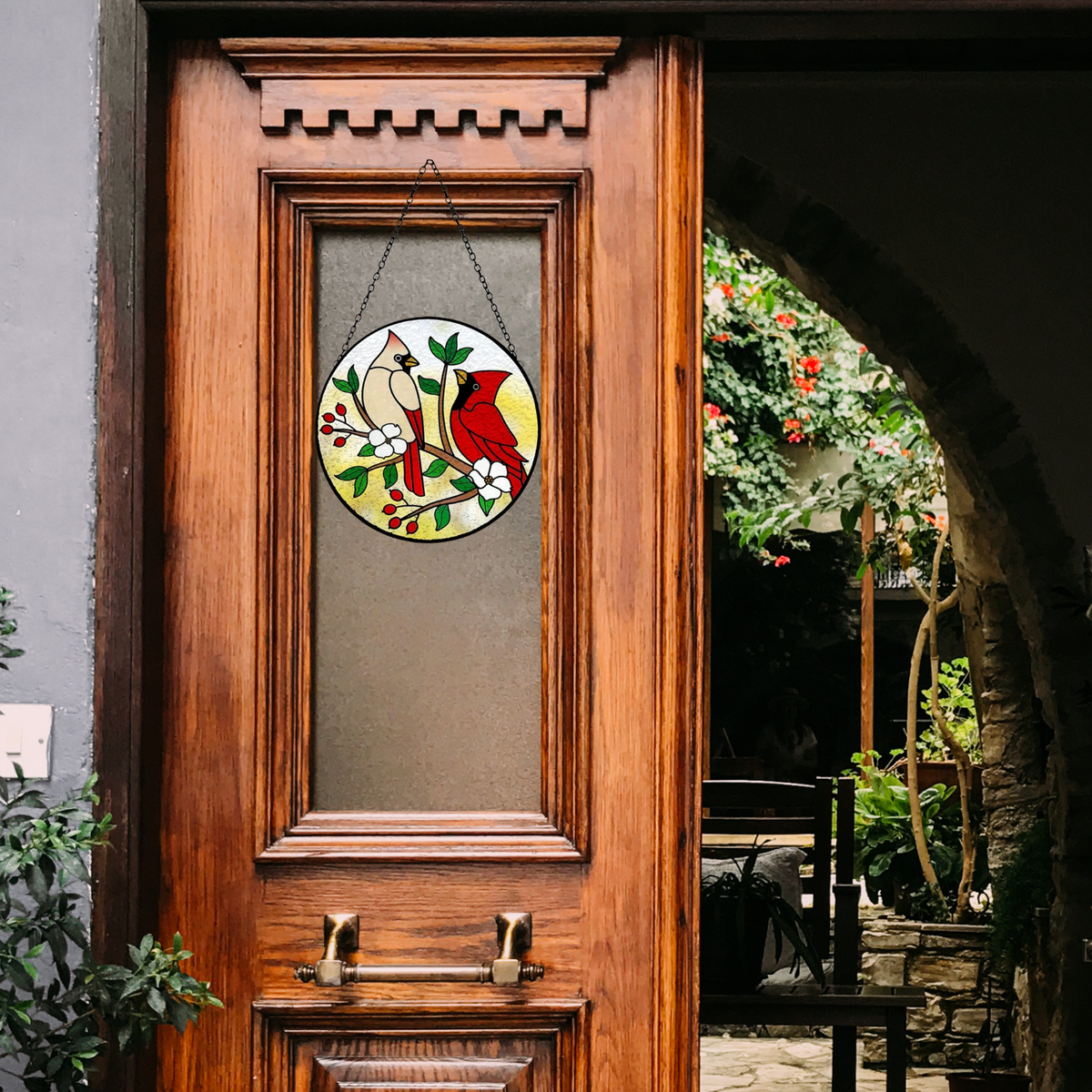 Round Hand-Painted Red Cardinals Suncatcher