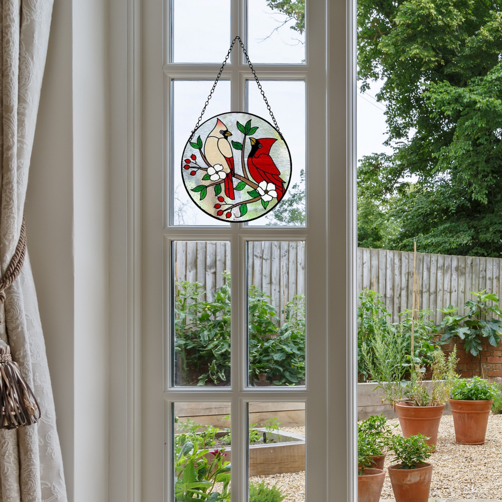 Round Hand-Painted Red Cardinals Suncatcher