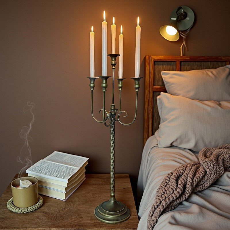 Antique Brass Effect Five Arm Floor Candelabra