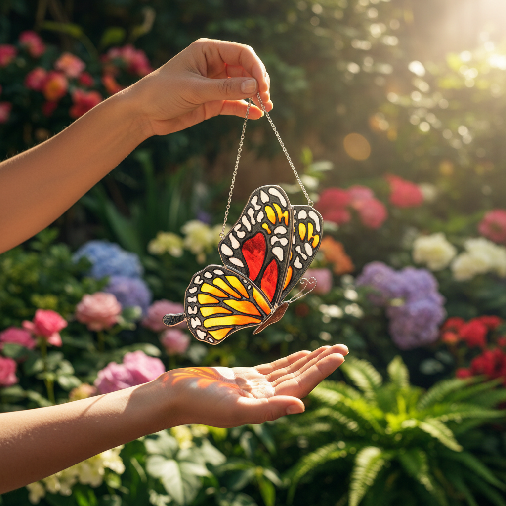 Stained Glass Butterfly Suncatcher, Orange Red