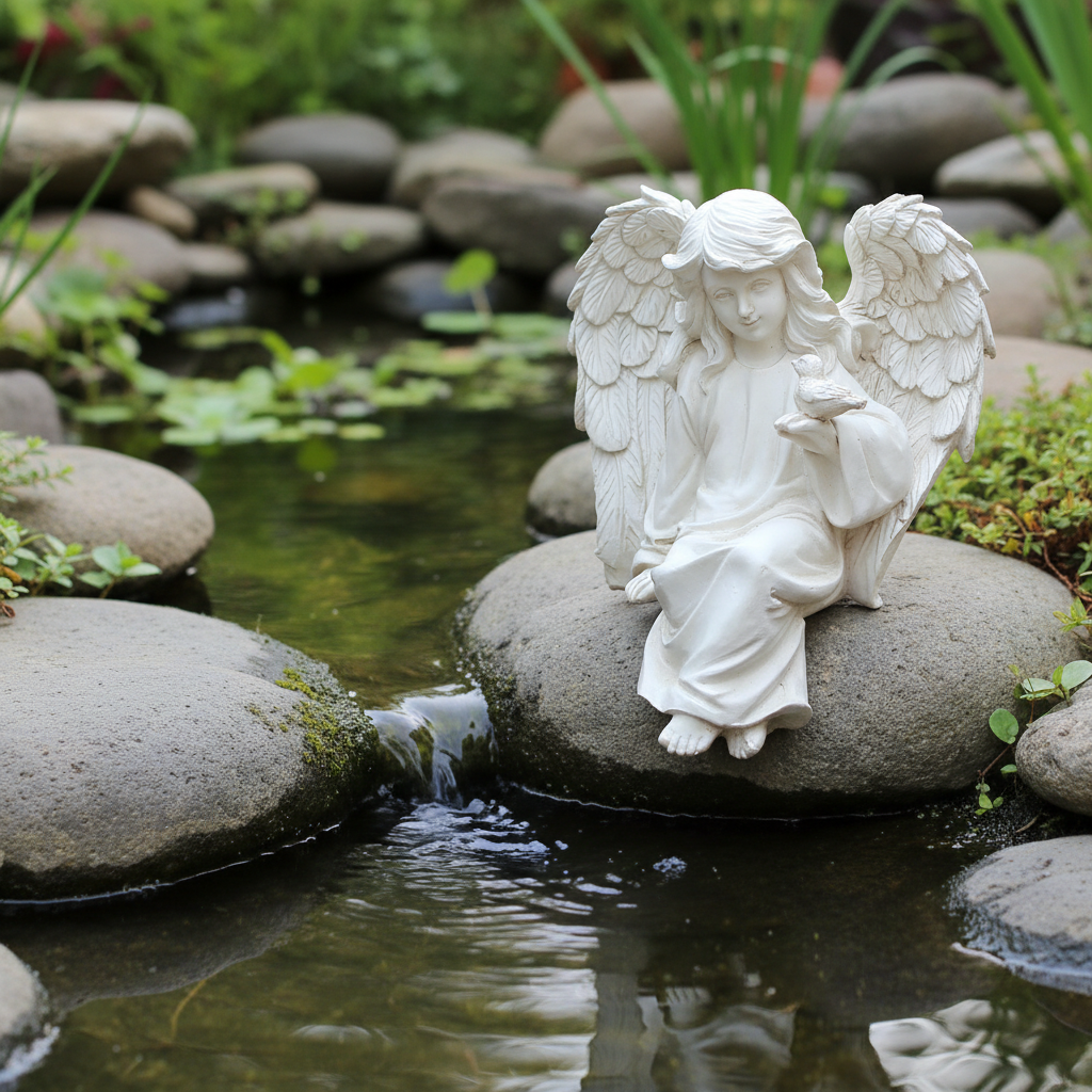 Sitting Angel with Bird Memorial Statue