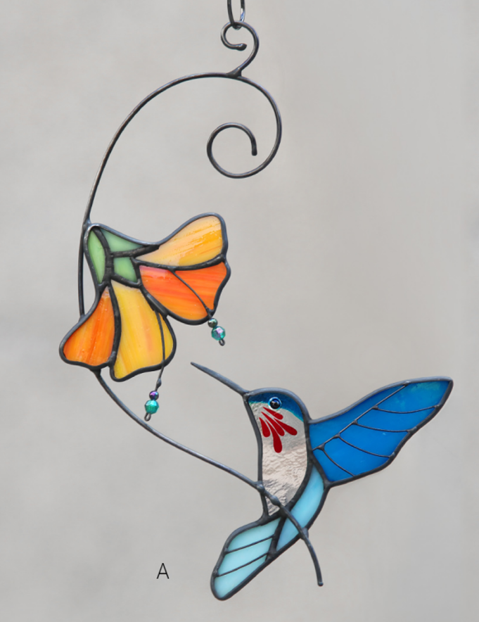 Hummingbird Trumpet Flower Stained Glass Suncatcher