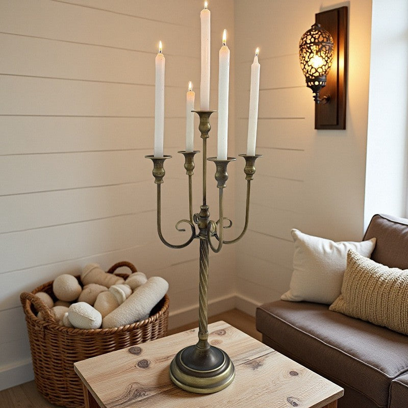Antique Brass Effect Five Arm Floor Candelabra