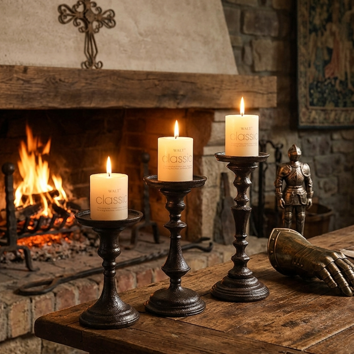 Medieval Cast Iron Candlestick Trio