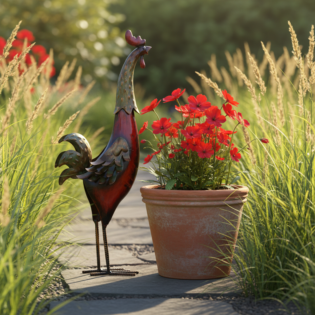 Red Metal Rooster Garden Ornament