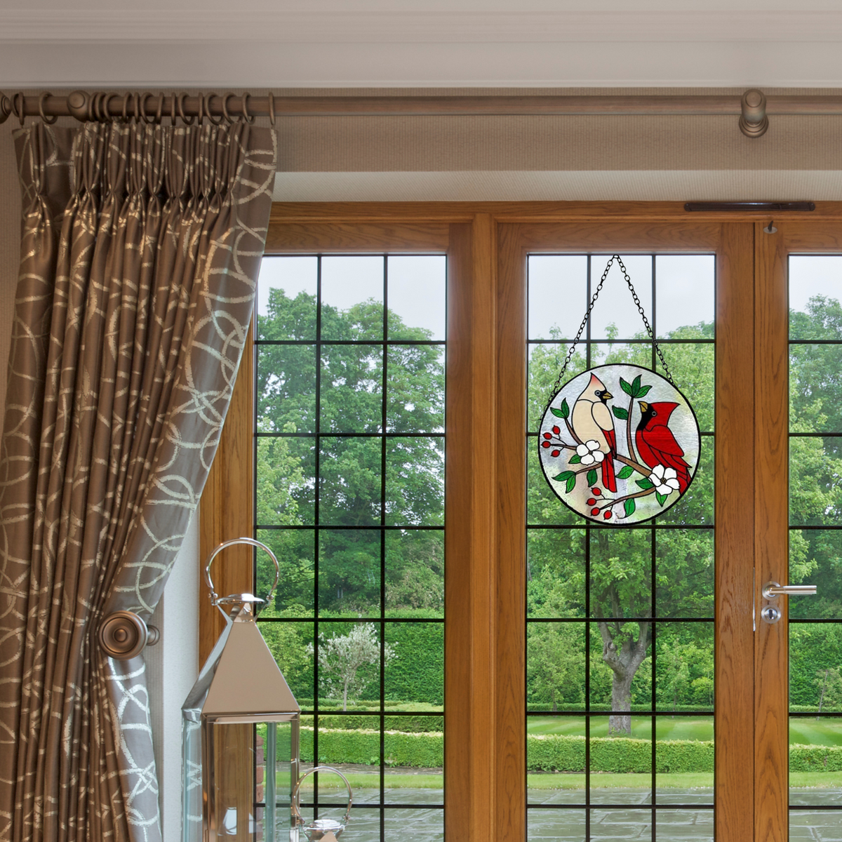 Round Hand-Painted Red Cardinals Suncatcher