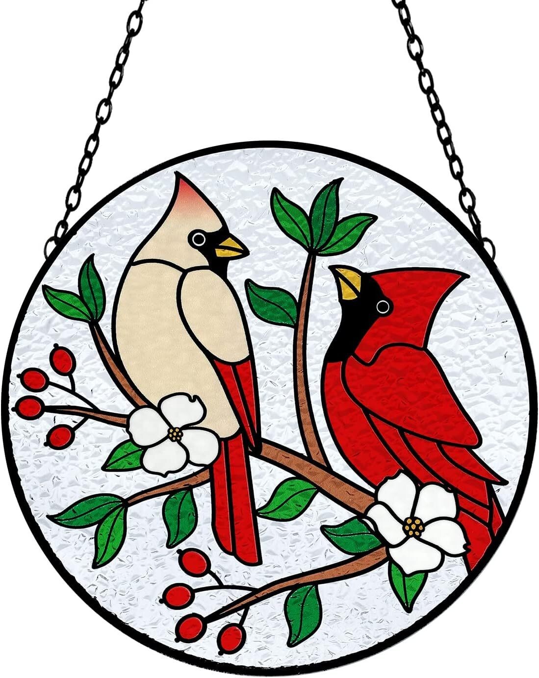 Round Hand-Painted Red Cardinals Suncatcher