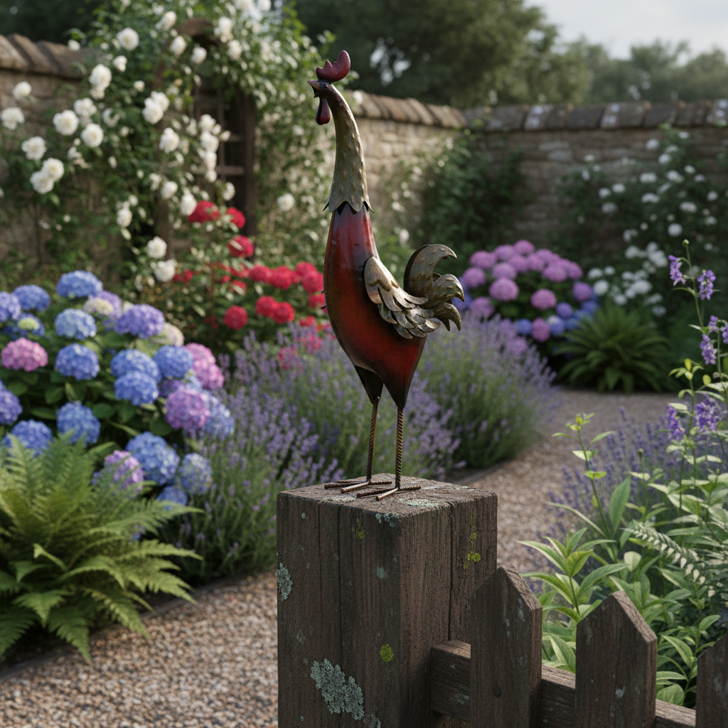 Red Metal Rooster Garden Ornament